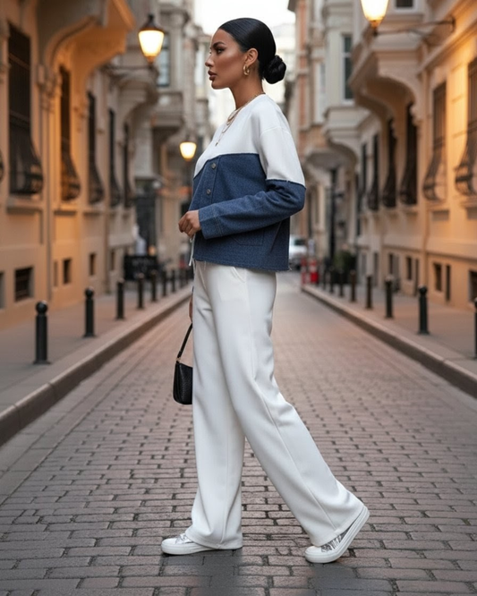 Aura — Conjunto blanco y tejano con diseño asimétrico