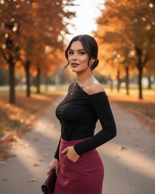 Luna — Camiseta manga larga negra con hombro asimétrico