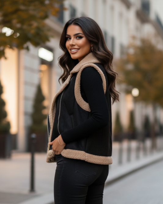 Vera — Chaleco de invierno negro con bordes de borreguito
