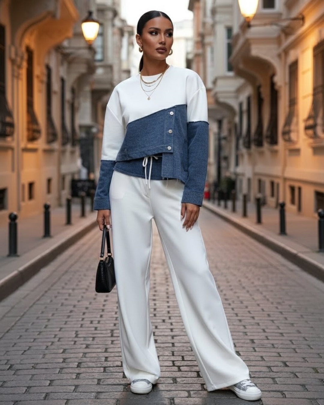 Aura — Conjunto blanco y tejano con diseño asimétrico