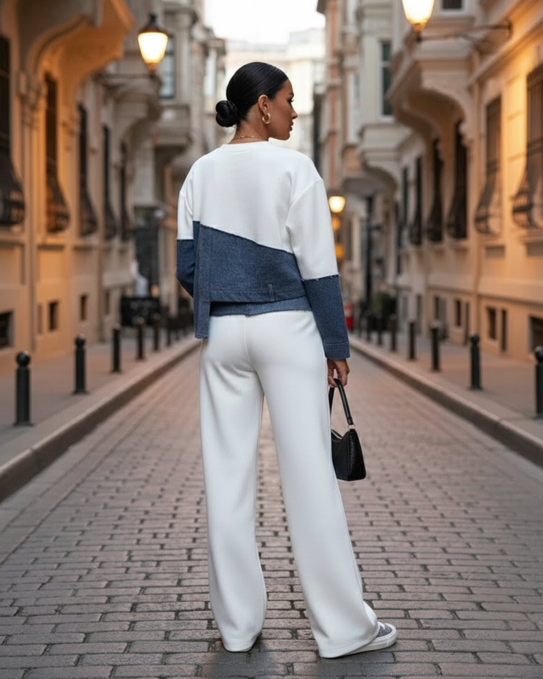 Aura — Conjunto blanco y tejano con diseño asimétrico