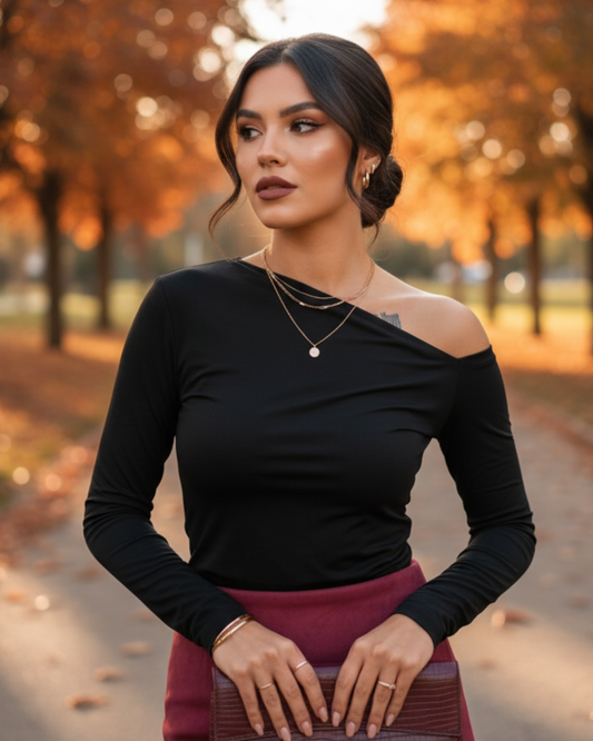 Luna — Camiseta manga larga negra con hombro asimétrico