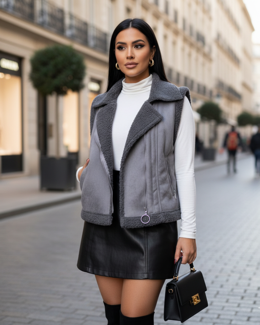 Vera — Chaleco de invierno gris con bordes de borreguito