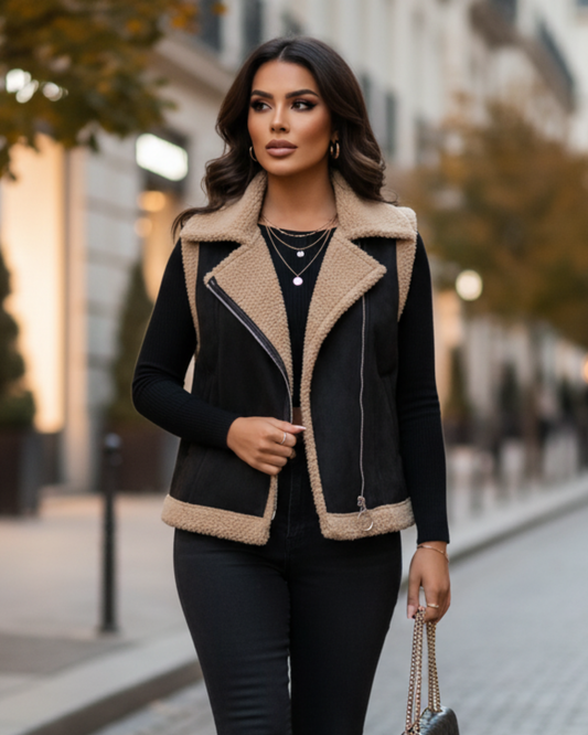 Vera — Chaleco de invierno negro con bordes de borreguito