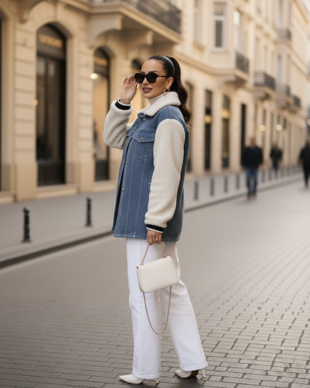 Dione — Bomber estampado tejano con mangas de borreguito